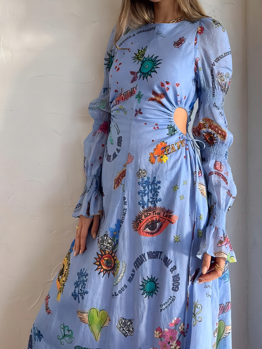 Blue Graphic Print Midi Dress Side View
