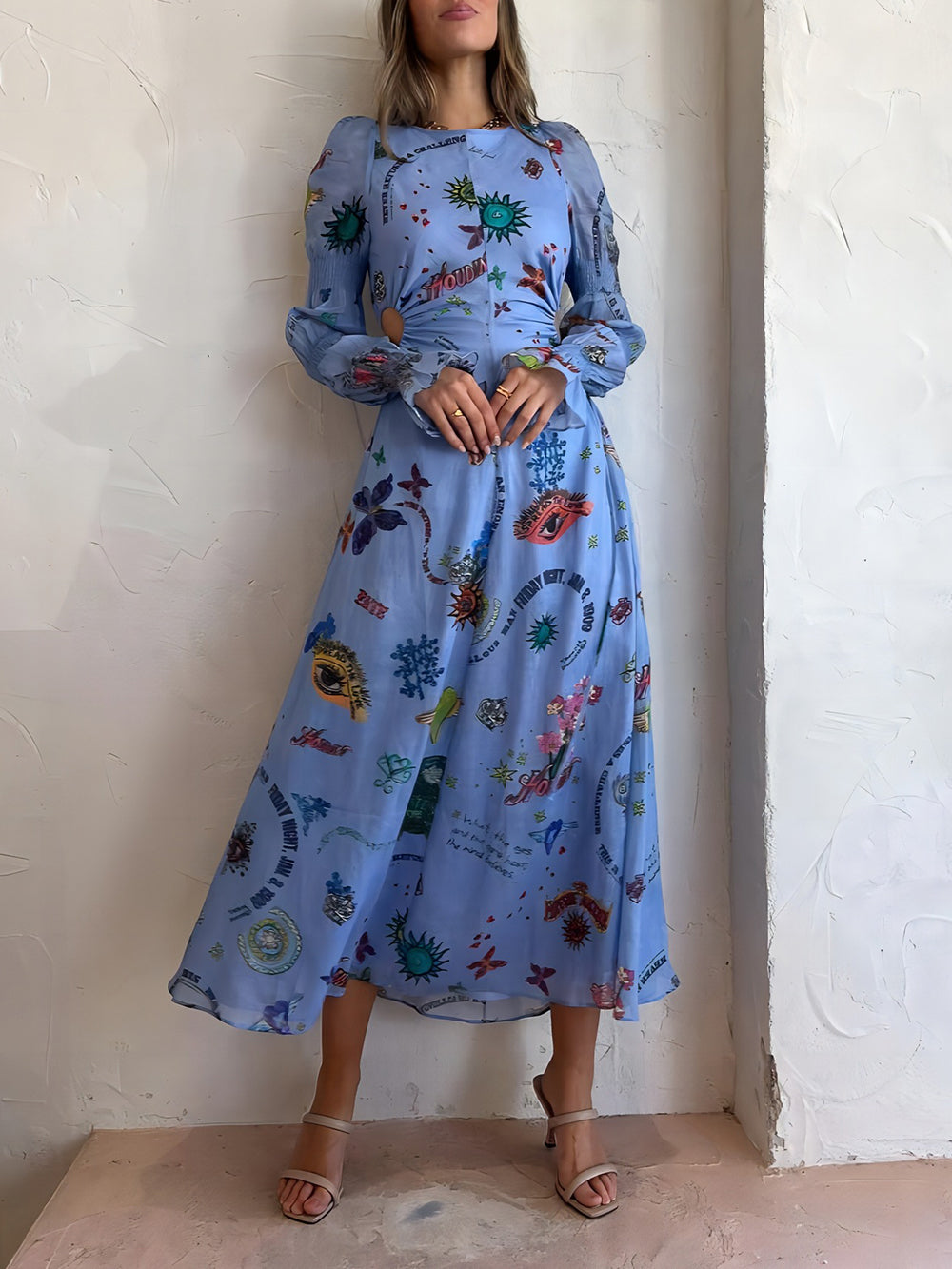 Blue Graphic Print Midi Dress Front