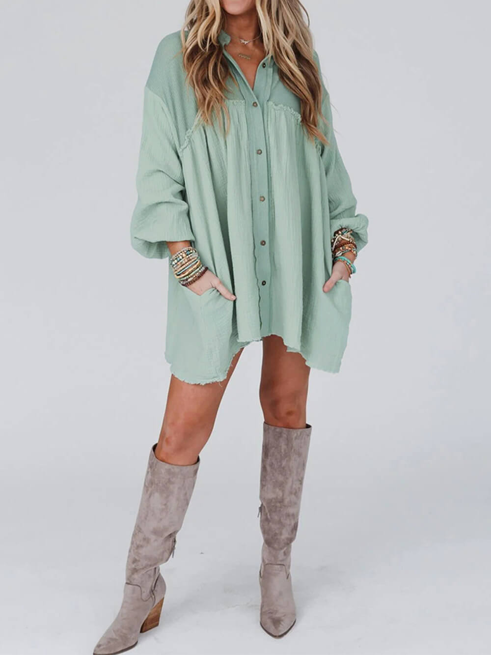 Mint Green Puff Sleeve Mini Dress