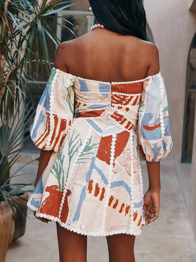 Off Shoulder Artistic Floral Mini Dress Back