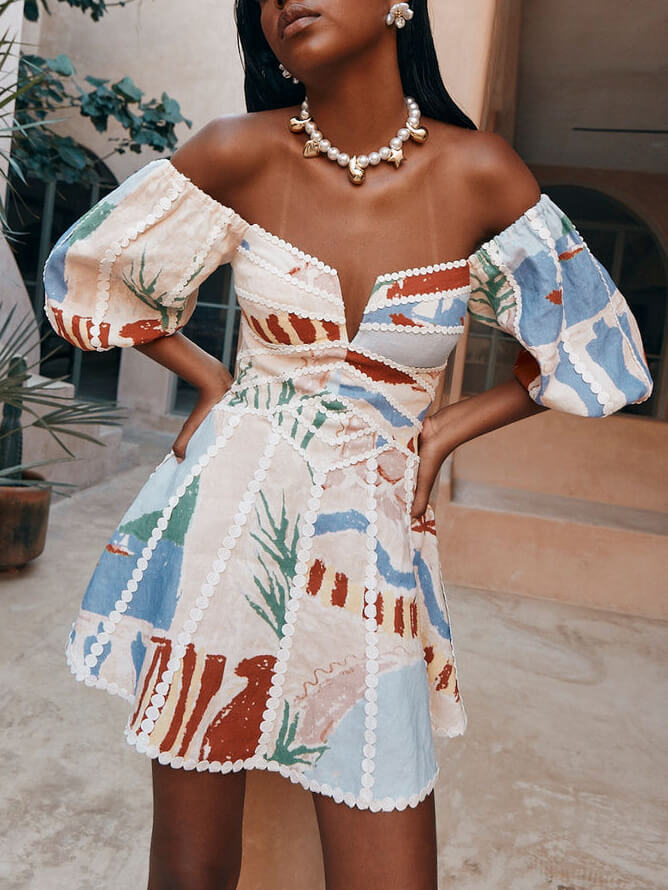 Off Shoulder Artistic Floral Mini Dress Front