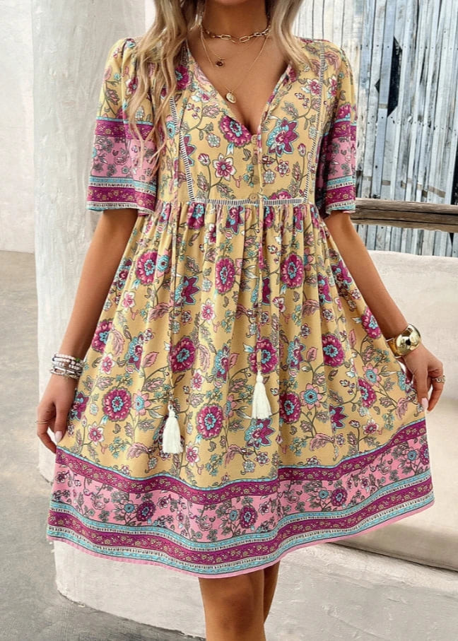 Boho Floral Tassel Tie Mini Dress Front