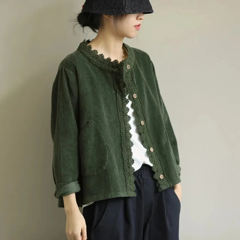 Brown corduroy jacket with lace detail and buttons