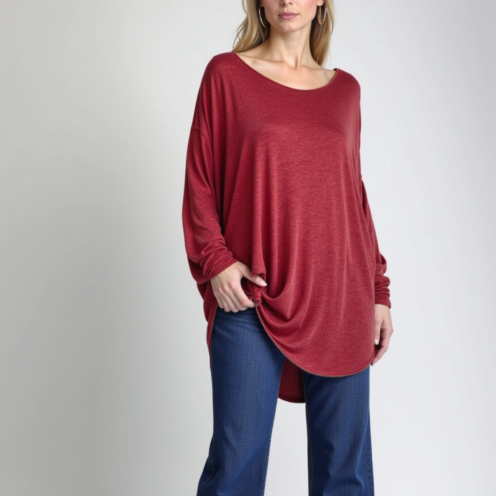 Oversized Long Sleeve Red Tunic Top Front